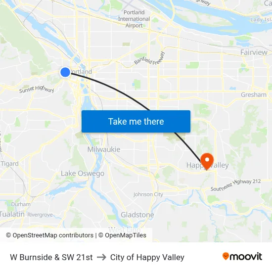 W Burnside & SW 21st to City of Happy Valley map