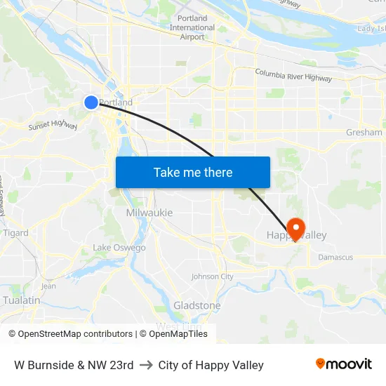 W Burnside & NW 23rd to City of Happy Valley map