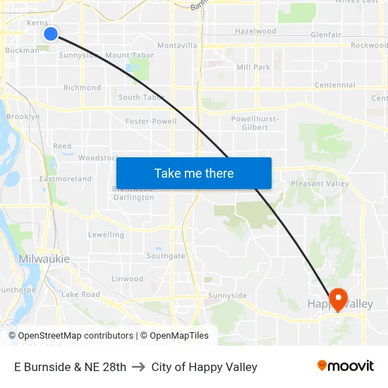 E Burnside & NE 28th to City of Happy Valley map