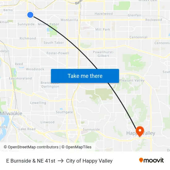 E Burnside & NE 41st to City of Happy Valley map