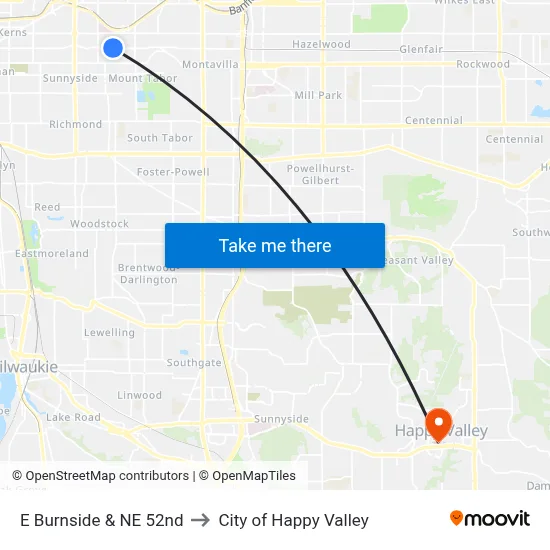 E Burnside & NE 52nd to City of Happy Valley map