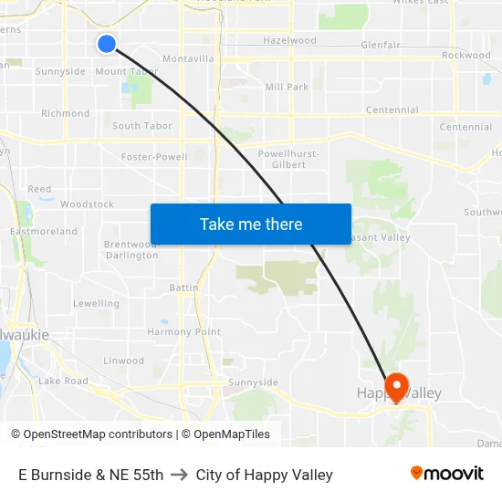 E Burnside & NE 55th to City of Happy Valley map