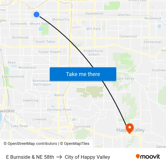 E Burnside & NE 58th to City of Happy Valley map