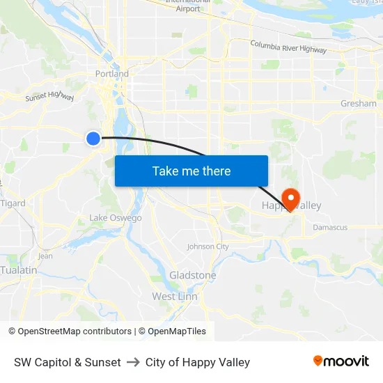 SW Capitol & Sunset to City of Happy Valley map