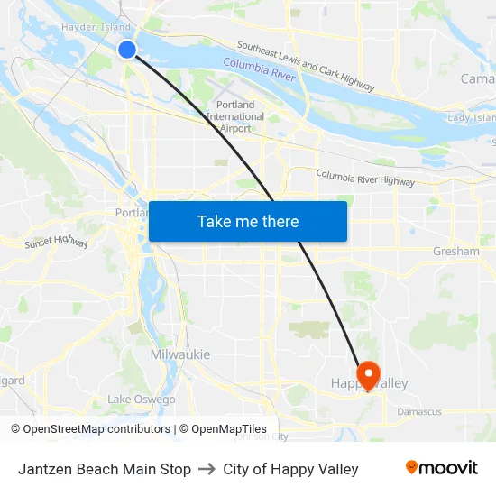 Jantzen Beach Main Stop to City of Happy Valley map