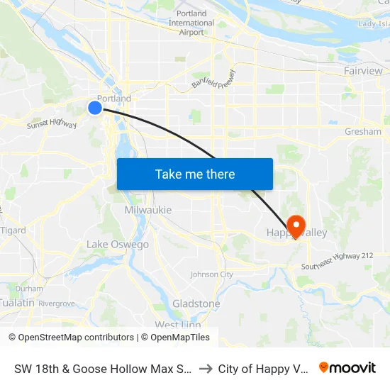 SW 18th & Goose Hollow Max Station to City of Happy Valley map