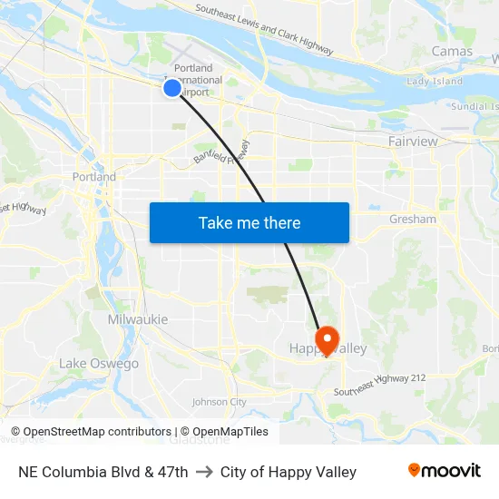 NE Columbia Blvd & 47th to City of Happy Valley map