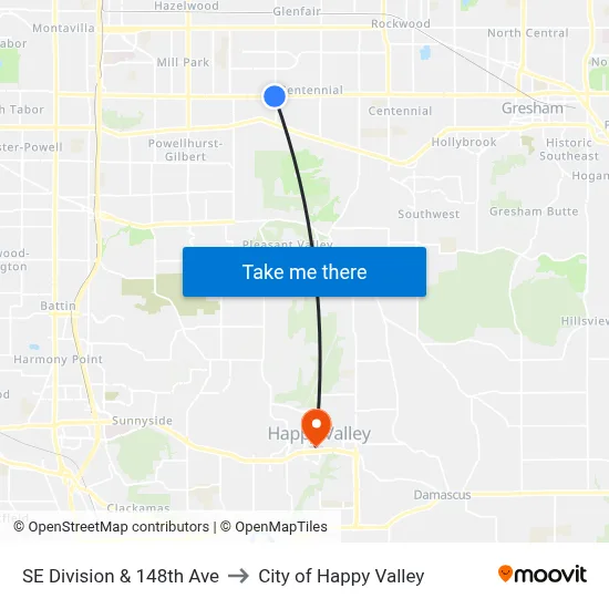 SE Division & 148th Ave to City of Happy Valley map