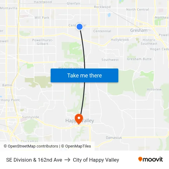 SE Division & 162nd Ave to City of Happy Valley map