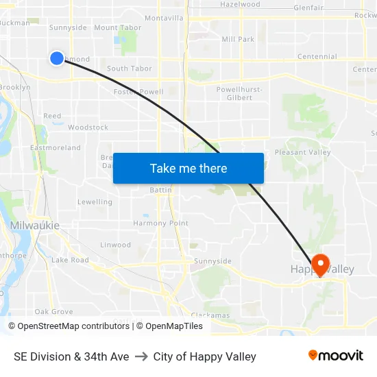 SE Division & 34th Ave to City of Happy Valley map
