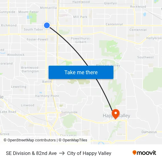 SE Division & 82nd Ave to City of Happy Valley map