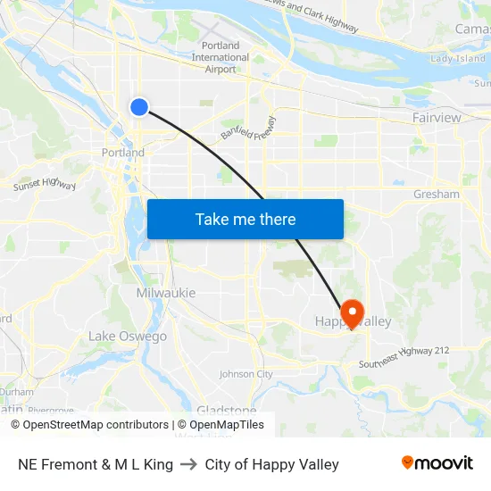 NE Fremont & M L King to City of Happy Valley map