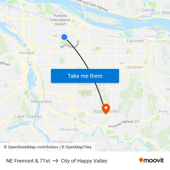 NE Fremont & 71st to City of Happy Valley map