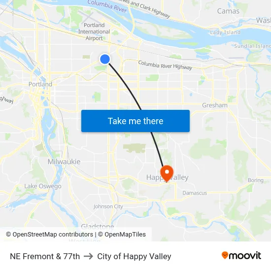 NE Fremont & 77th to City of Happy Valley map