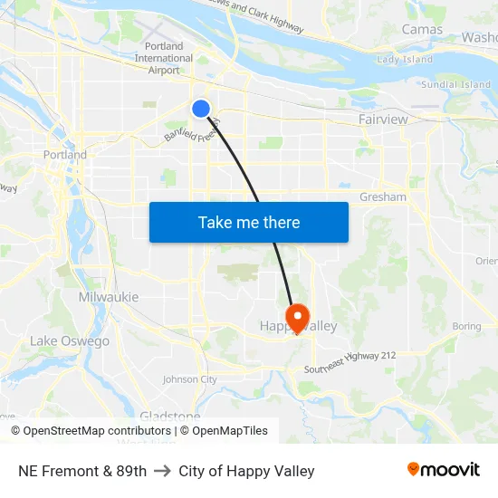 NE Fremont & 89th to City of Happy Valley map
