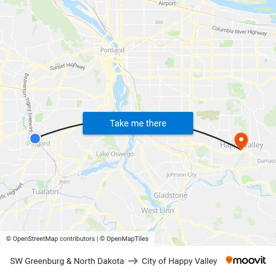 SW Greenburg & North Dakota to City of Happy Valley map