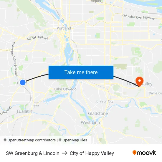 SW Greenburg & Lincoln to City of Happy Valley map