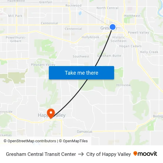 Gresham Central Transit Center to City of Happy Valley map