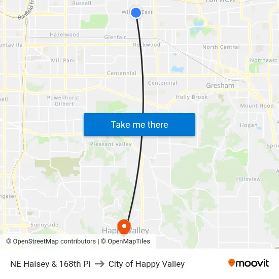 NE Halsey & 168th Pl to City of Happy Valley map