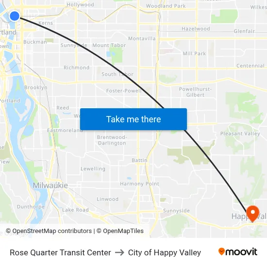 Rose Quarter Transit Center to City of Happy Valley map