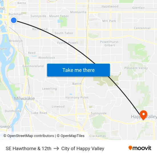 SE Hawthorne & 12th to City of Happy Valley map