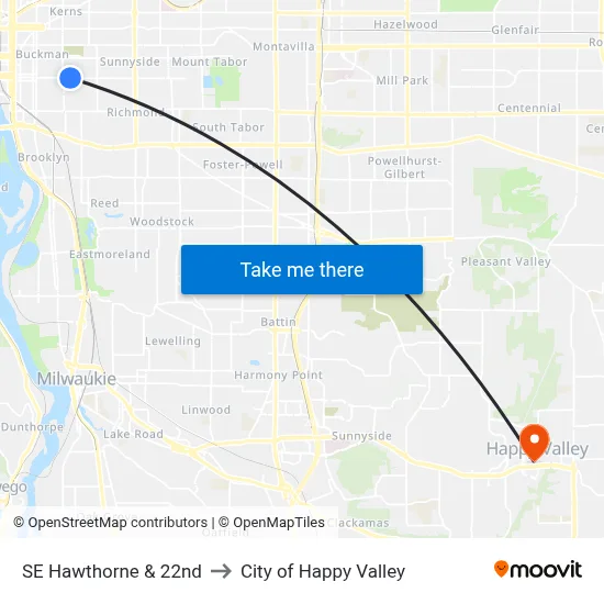 SE Hawthorne & 22nd to City of Happy Valley map