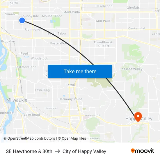 SE Hawthorne & 30th to City of Happy Valley map