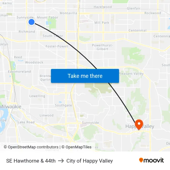 SE Hawthorne & 44th to City of Happy Valley map