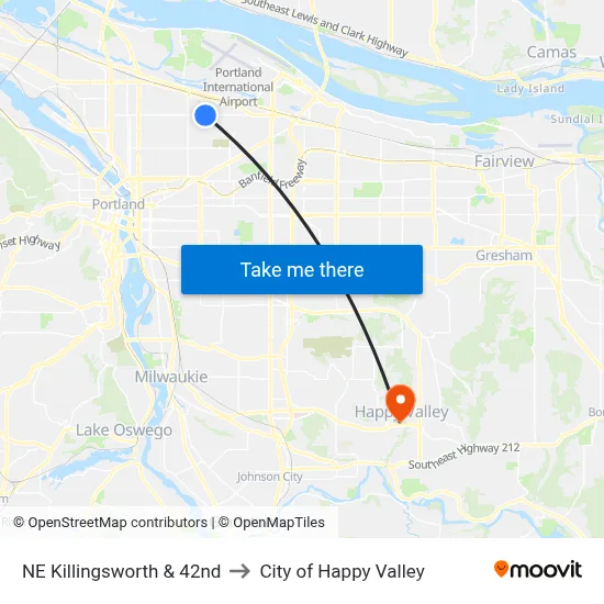 NE Killingsworth & 42nd to City of Happy Valley map