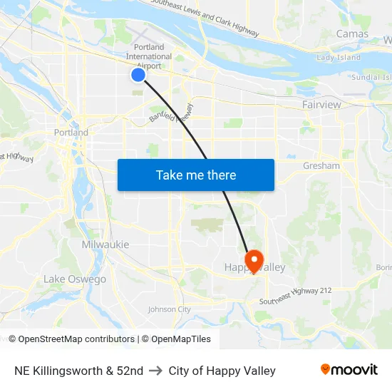 NE Killingsworth & 52nd to City of Happy Valley map