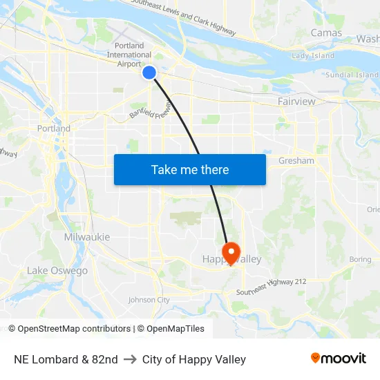 NE Lombard & 82nd to City of Happy Valley map