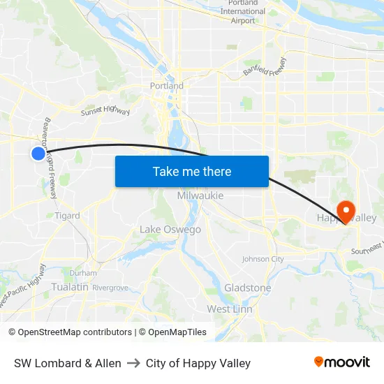 SW Lombard & Allen to City of Happy Valley map