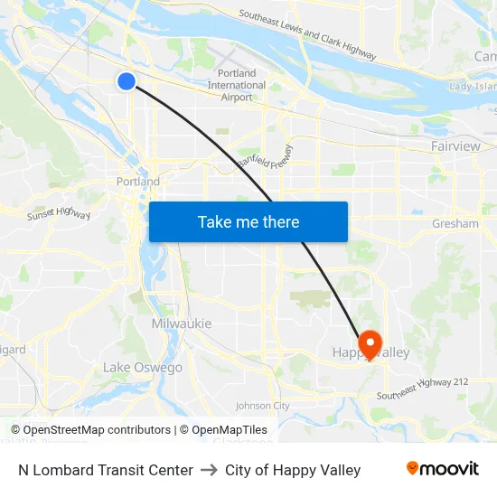 N Lombard Transit Center to City of Happy Valley map