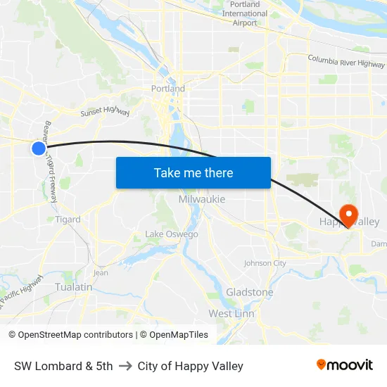 SW Lombard & 5th to City of Happy Valley map
