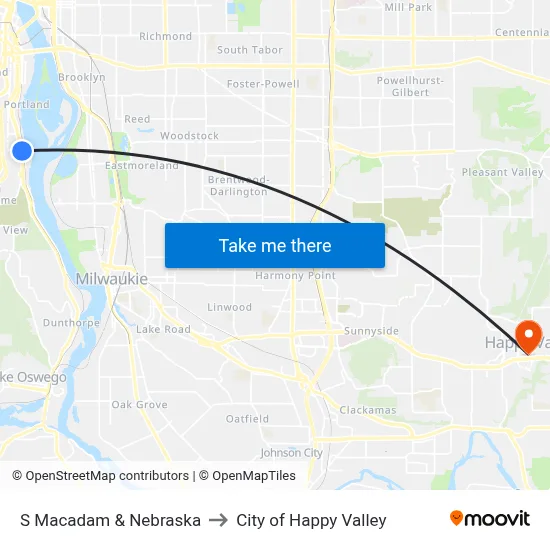 S Macadam & Nebraska to City of Happy Valley map