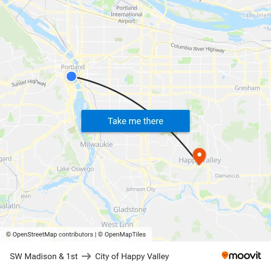 SW Madison & 1st to City of Happy Valley map