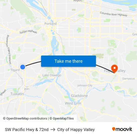 SW Pacific Hwy & 72nd to City of Happy Valley map