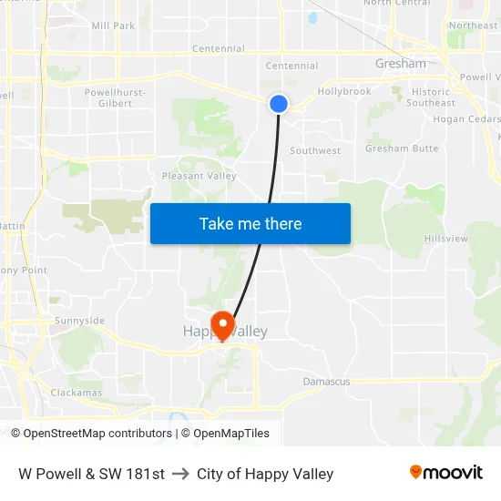 W Powell & SW 181st to City of Happy Valley map