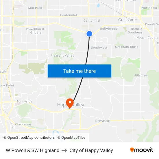 W Powell & SW Highland to City of Happy Valley map