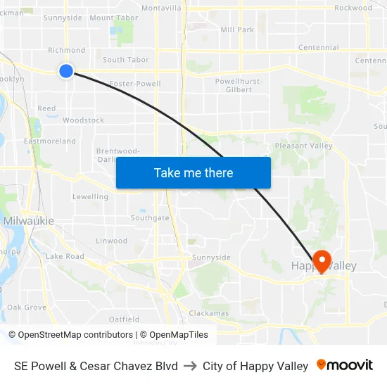 SE Powell & Cesar Chavez Blvd to City of Happy Valley map