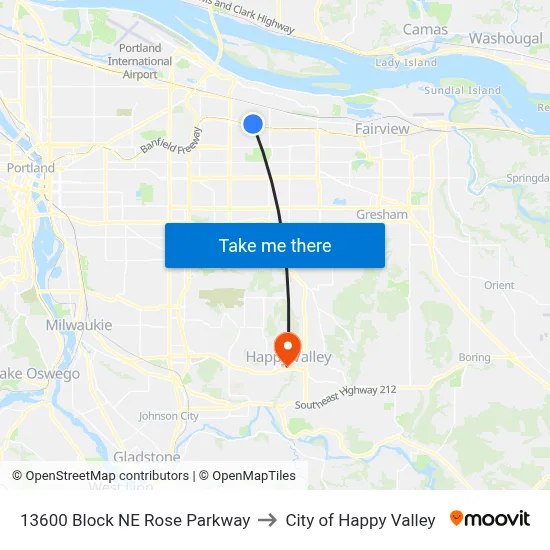 13600 Block NE Rose Parkway to City of Happy Valley map