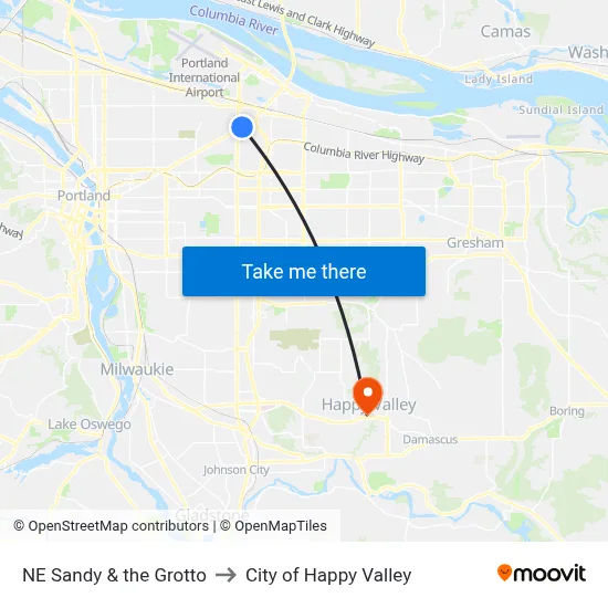 NE Sandy & the Grotto to City of Happy Valley map