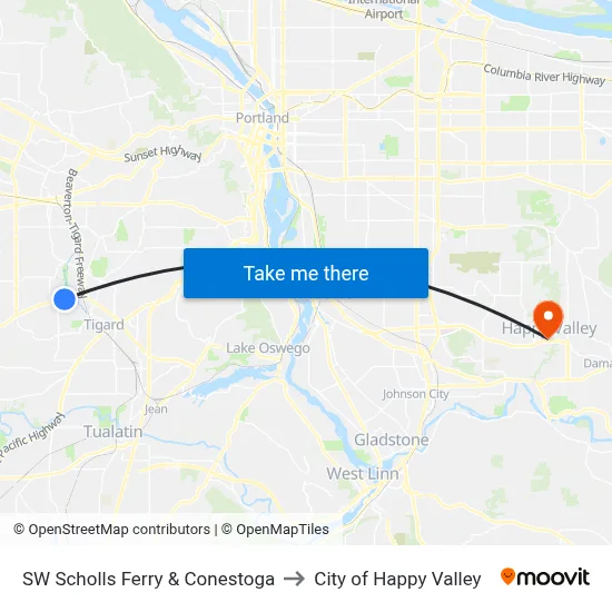 SW Scholls Ferry & Conestoga to City of Happy Valley map