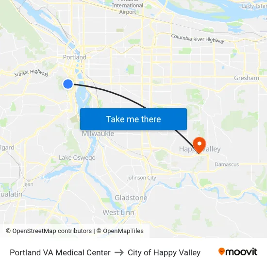 Portland VA Medical Center to City of Happy Valley map