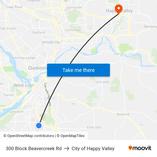300 Block Beavercreek Rd to City of Happy Valley map