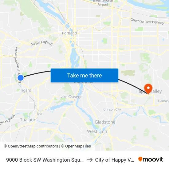 9000 Block SW Washington Square Rd to City of Happy Valley map