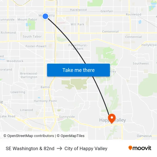SE Washington & 82nd to City of Happy Valley map