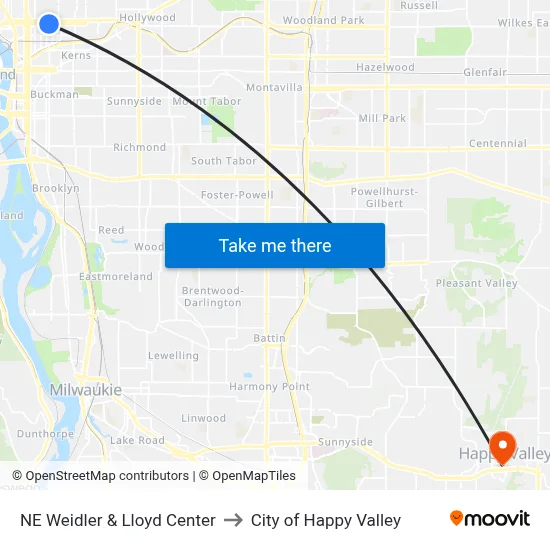 NE Weidler & Lloyd Center to City of Happy Valley map