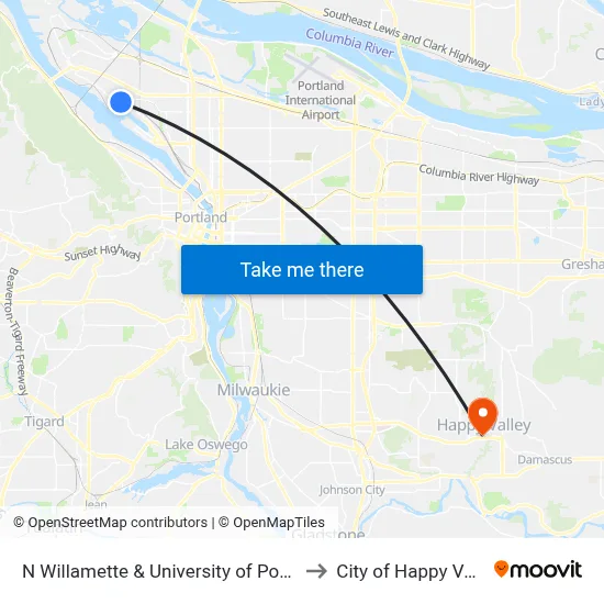 N Willamette & University of Portland to City of Happy Valley map