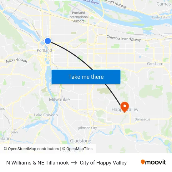 N Williams & NE Tillamook to City of Happy Valley map